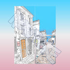 Extended binder art preview showing Slowpoke card surrounded by sketched street scene artwork across a 4 pocket binder page.