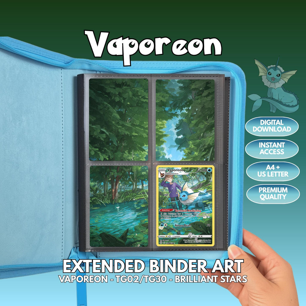 Extended binder art cover featuring Vaporeon card in a 4-slot binder layout, with a forest lake artwork, a small Vaporeon icon and digital download labels.