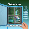 Extended binder art cover featuring Vaporeon card in a 4-slot binder layout, with a forest lake artwork, a small Vaporeon icon and digital download labels.