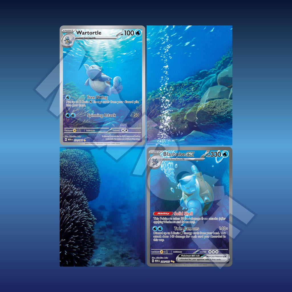 Extended binder art preview showing Blastoise and Wartortle cards surrounded by underwater artwork across a 4 pocket binder page.