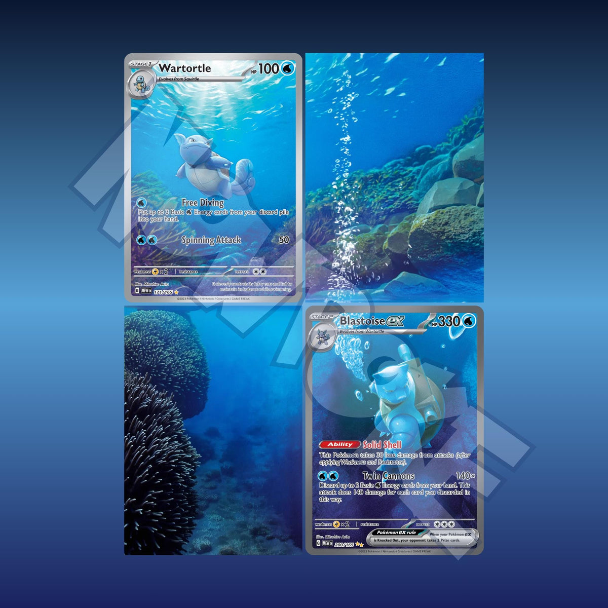 Extended binder art preview showing Blastoise and Wartortle cards surrounded by underwater artwork across a 4 pocket binder page.