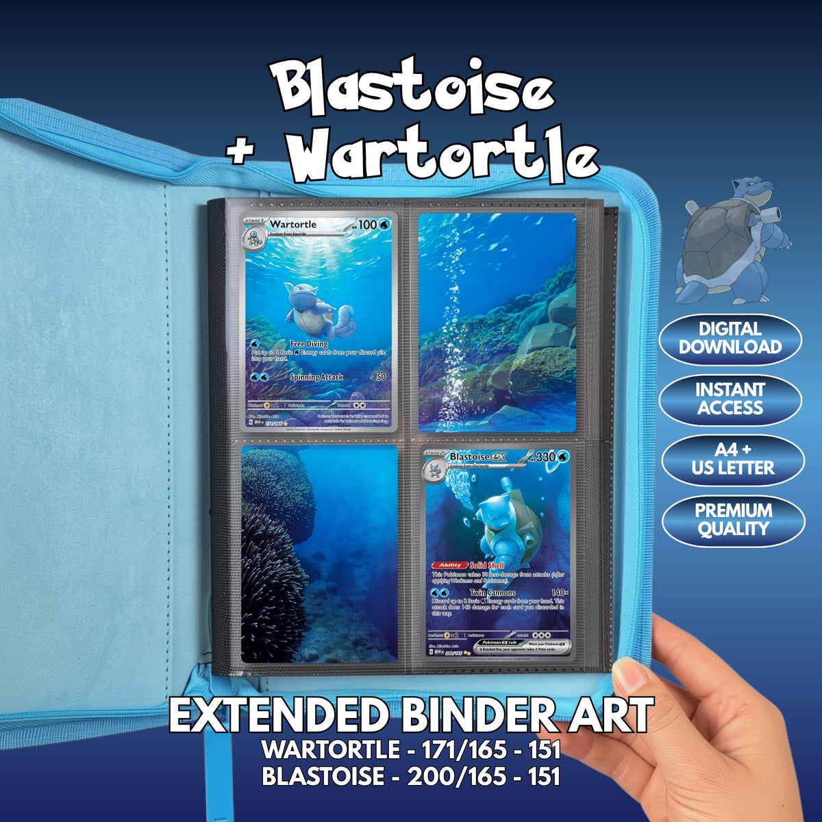 Extended binder art cover featuring Blastoise and Wartortle cards in a 4-slot binder layout, with an underwater artwork, a small turtle icon and digital download labels.