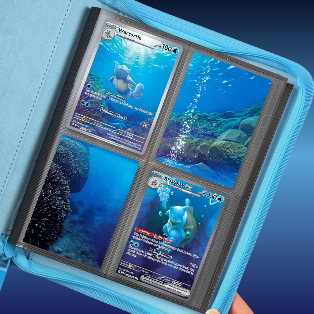 Blastoise and Wartortle extended binder artwork displayed together in a 4 pocket Pokémon binder held in hand.