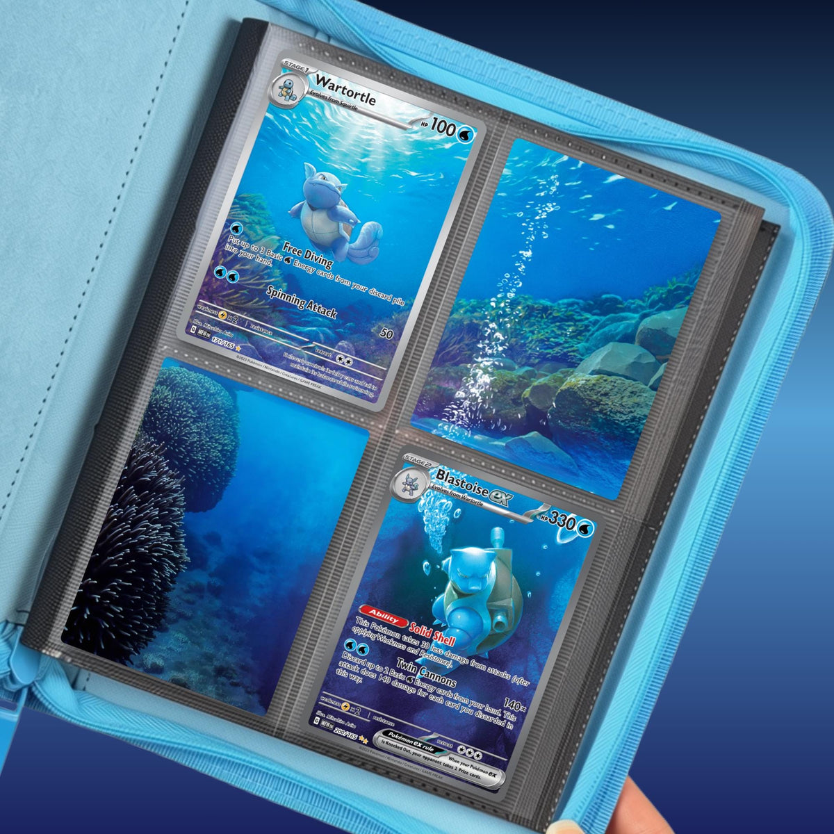 Blastoise and Wartortle extended binder artwork displayed together in a 4 pocket Pokémon binder held in hand.