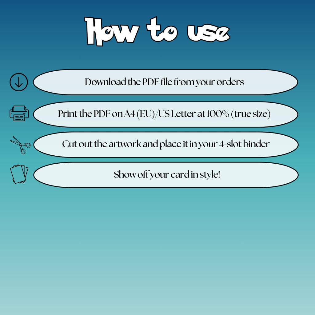 How to use instructions for printable Hisuian Samurott extended binder art, showing steps for downloading, printing, cutting and inserting the artwork into a 4-slot binder.