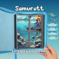 Extended binder art cover featuring Hisuian Samurott card in a 4-slot binder layout, with a coastal sunset artwork and digital download labels.