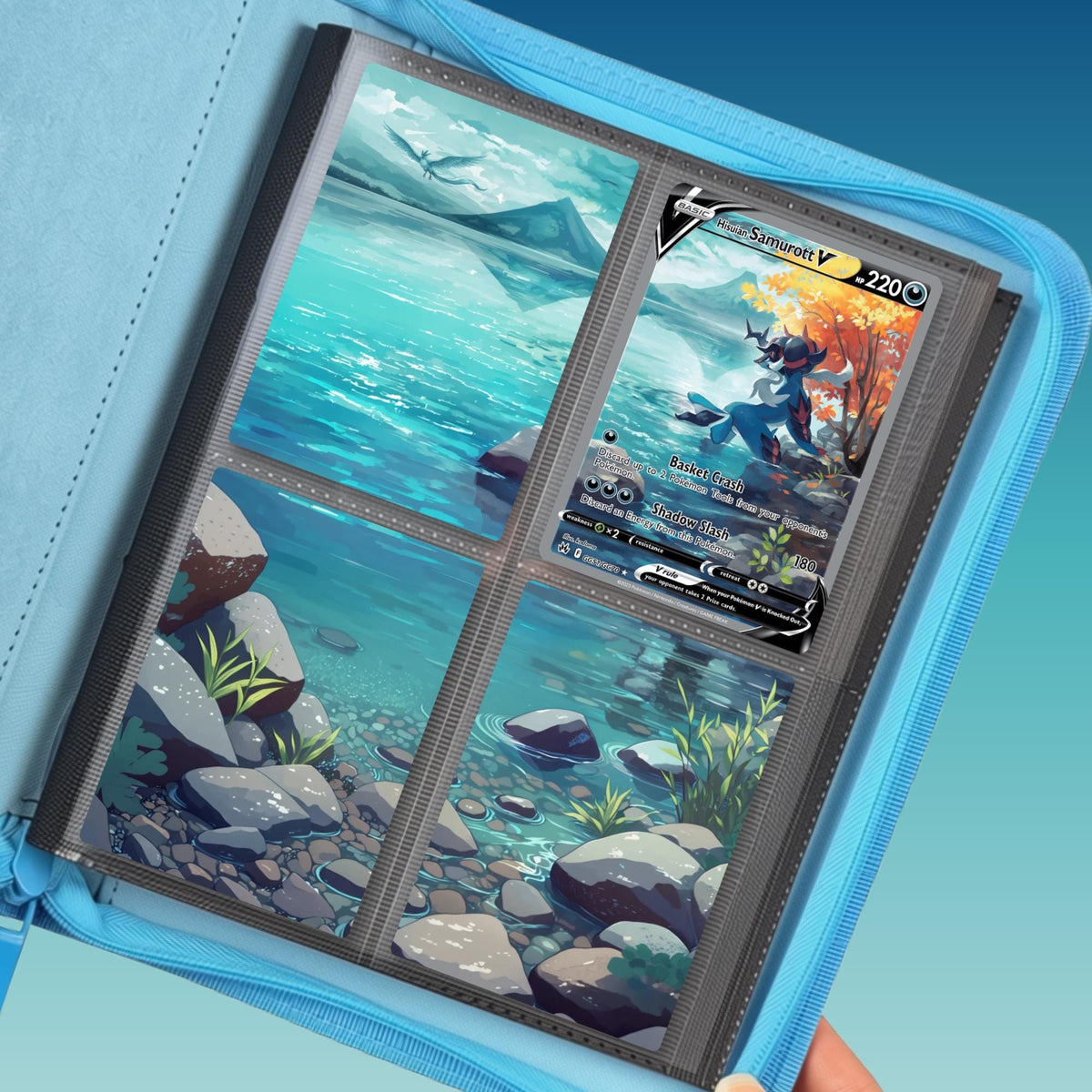 Hisuian Samurott extended binder artwork displayed in a 4 pocket Pokémon binder held in hand.