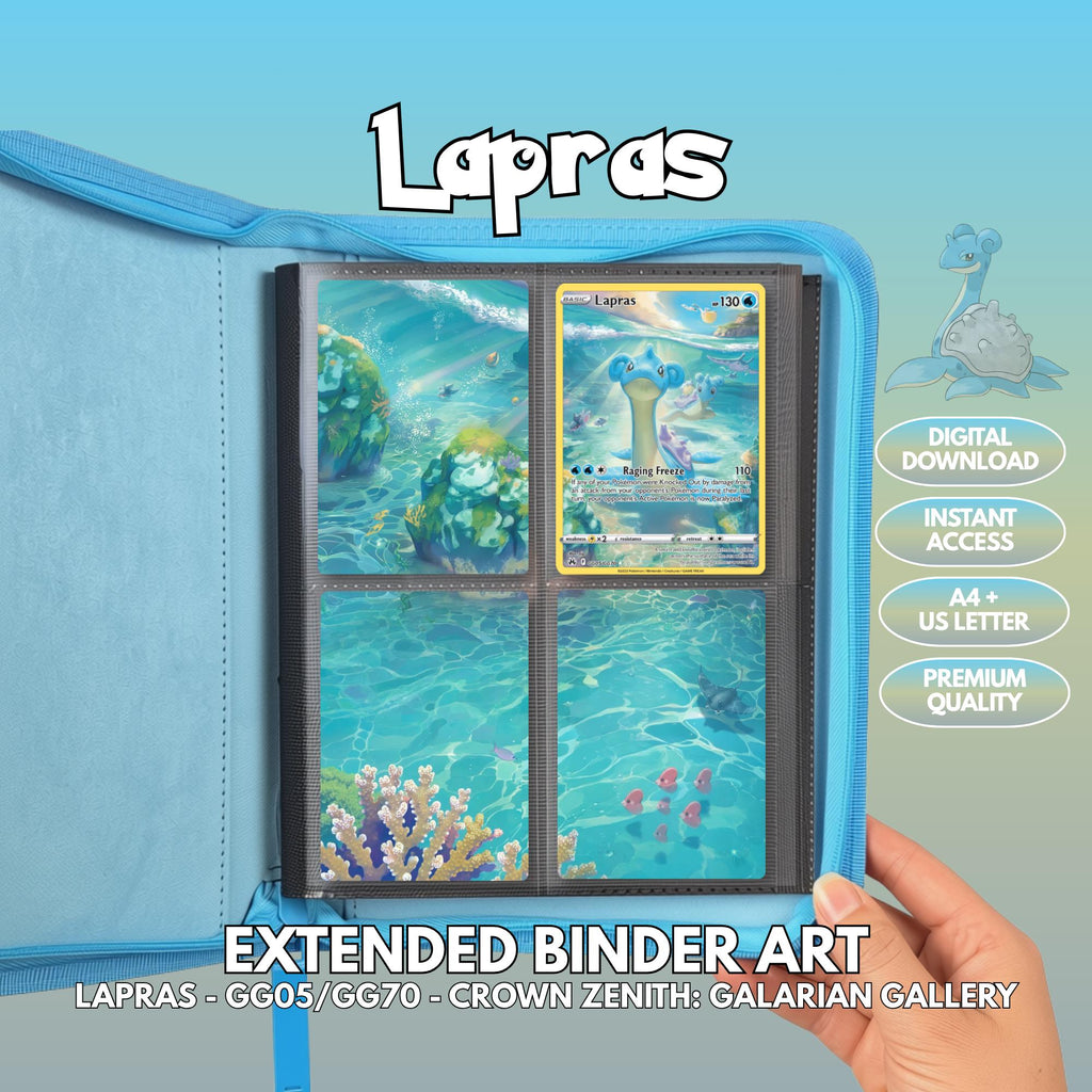 Extended binder art cover featuring Lapras card in a 4-slot binder layout, with a serene lake artwork and digital download labels.