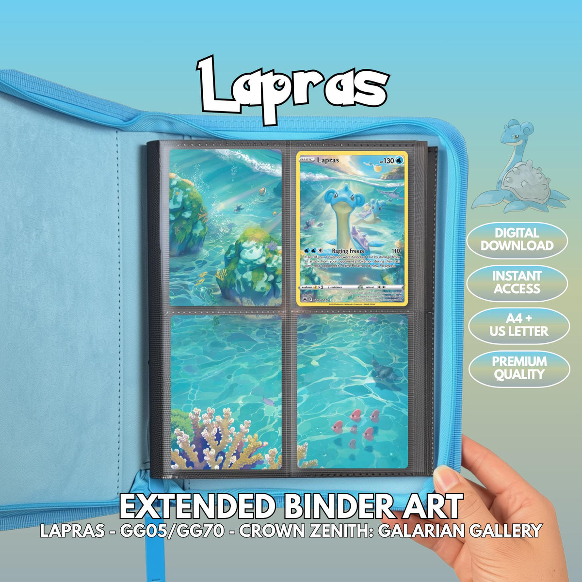 Extended binder art cover featuring Lapras card in a 4-slot binder layout, with a serene lake artwork and digital download labels.