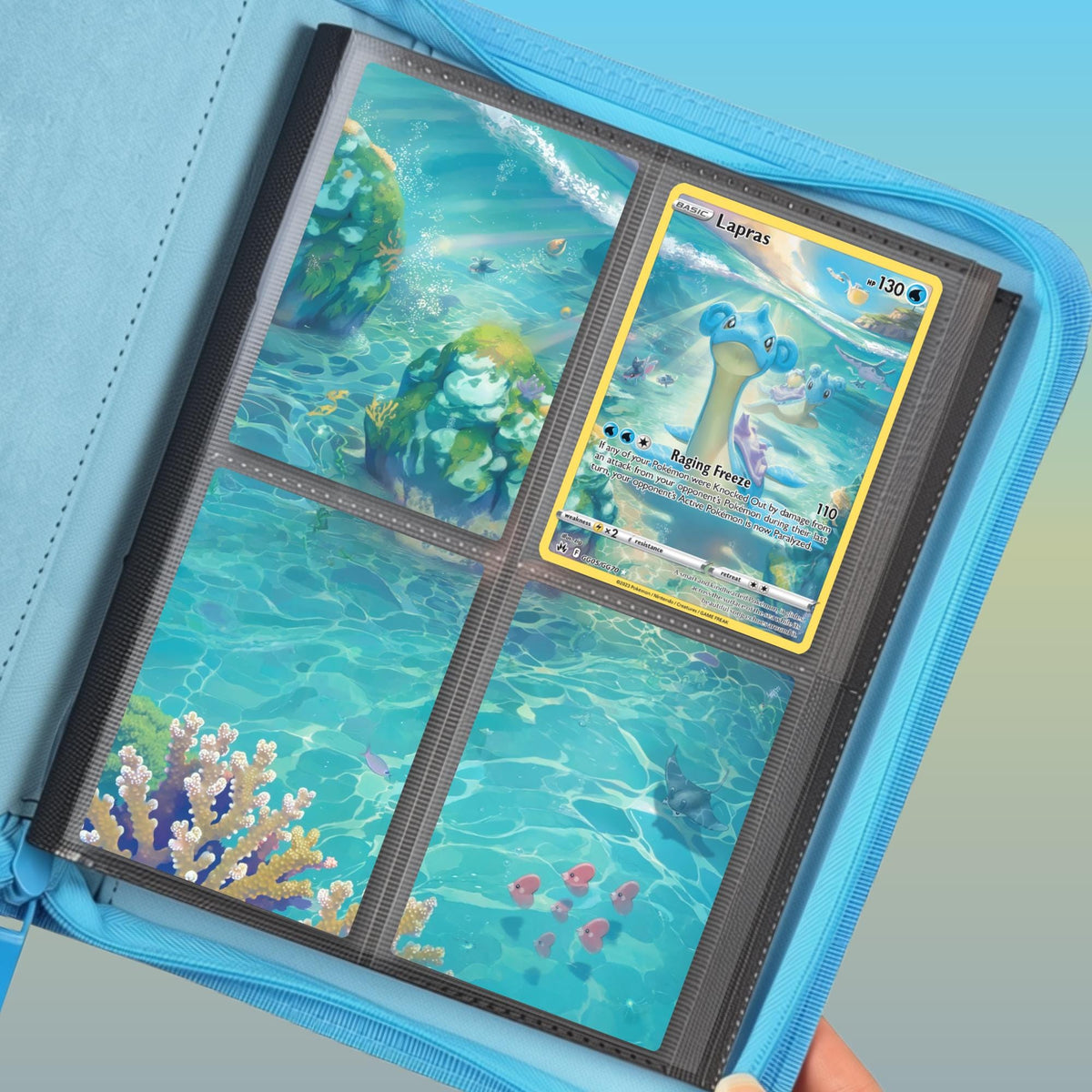 Lapras extended binder artwork displayed in a 4 pocket Pokémon binder held in hand.