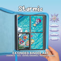 Extended binder art cover featuring Starmie V card in a 4-slot binder layout, with a poolside artwork showing Misty and a floatie, held in hand with digital download labels.