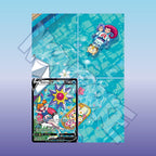 Extended binder art preview showing Starmie V card surrounded by poolside artwork with Misty and a Team Rocket floatie across a 4 pocket binder page.