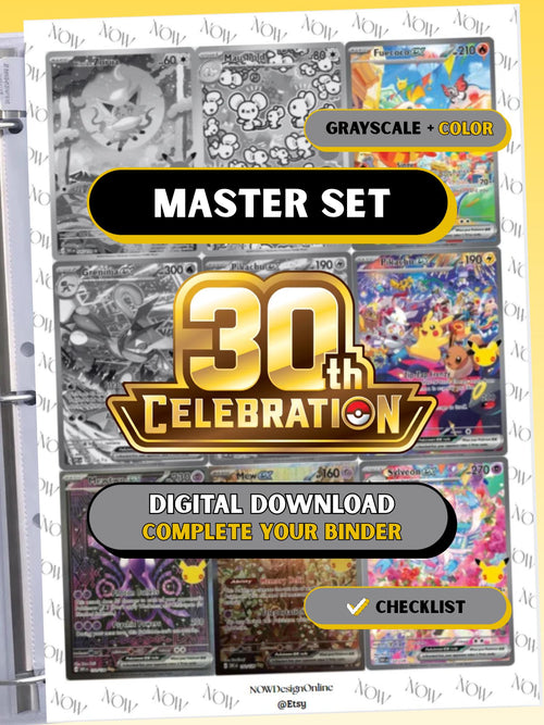 30th Celebration master set binder page showing grayscale and color Pokémon cards, designed as a digital download with checklist to complete a collector’s binder.