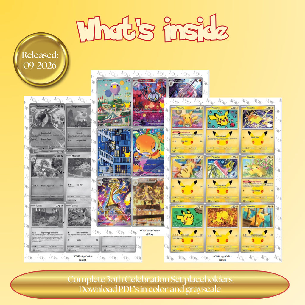 30th Celebration master set overview showing the included Pokémon cards to print and a full color checklist for the Mega Evolution binder.