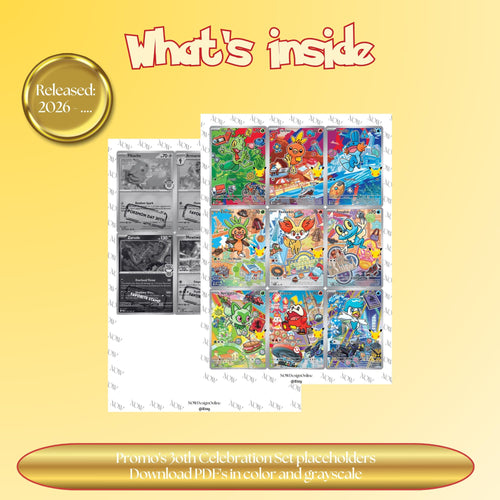 30th Celebration Promo's set overview showing the included Pokémon cards to print and a full color checklist for the Mega Evolution binder.