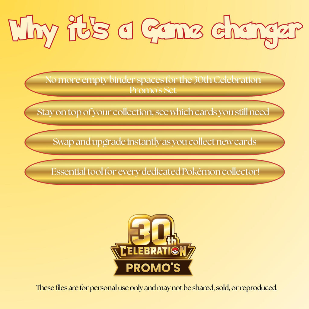 30th Celebration Promo's set checklist highlighting the benefits of tracking and upgrading your Pokémon card collection.