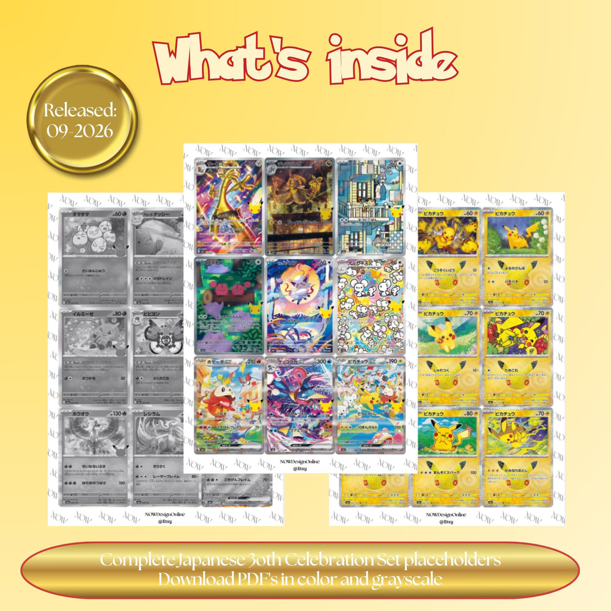 Japanese 30th Celebration master set overview showing the included Pokémon cards to print and a full color checklist for the Mega Evolution binder.