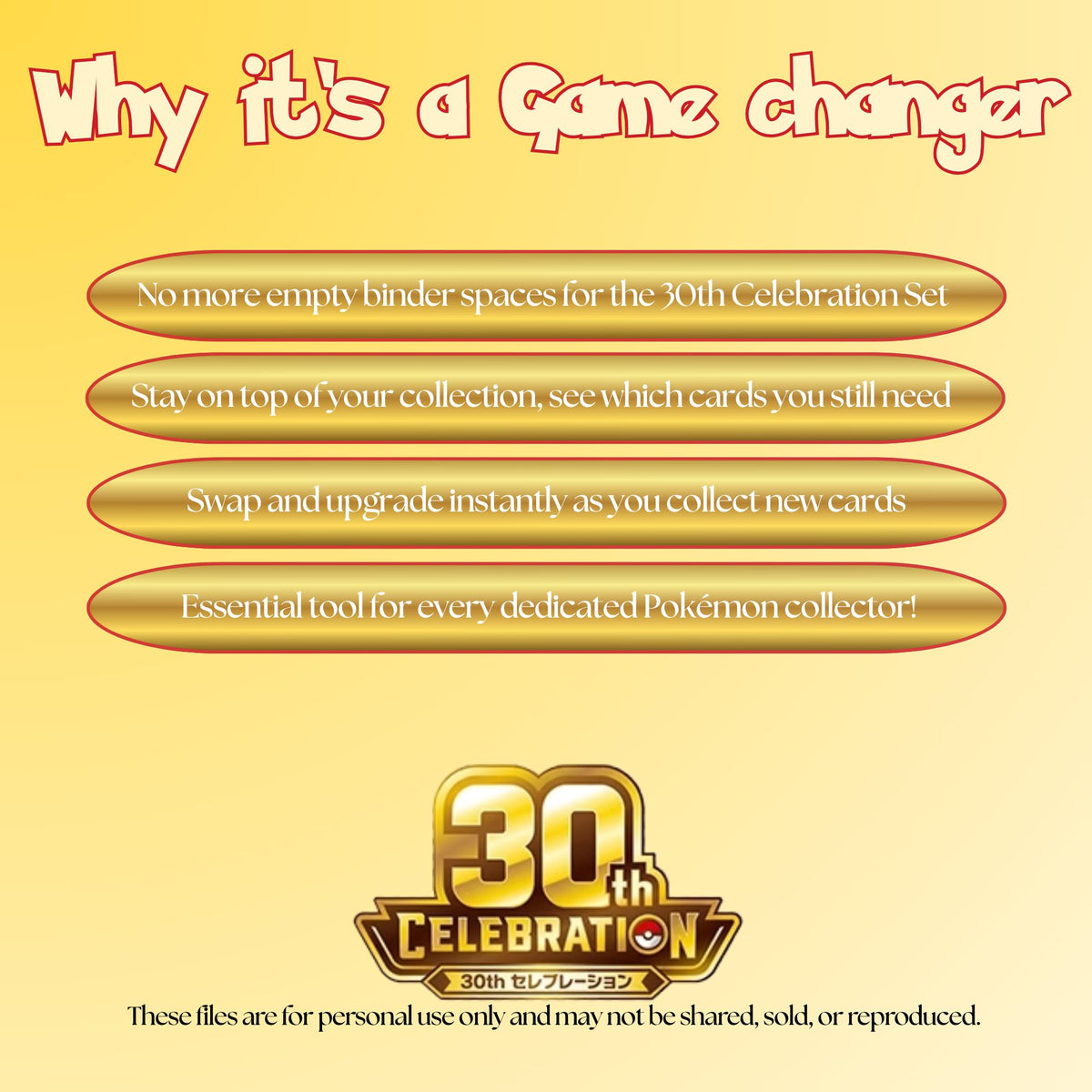 Japanese 30th Celebration master set checklist highlighting the benefits of tracking and upgrading your Pokémon card collection.