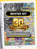 Japanese 30th Celebration master set binder page showing grayscale and color Pokémon cards, designed as a digital download with checklist to complete a collector’s binder.