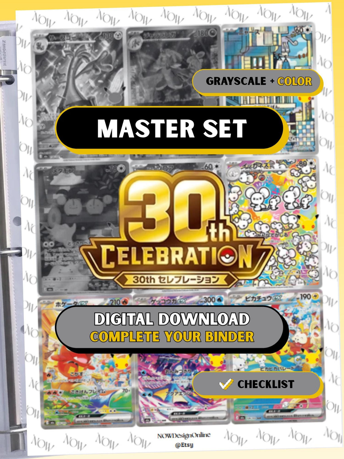 Japanese 30th Celebration master set binder page showing grayscale and color Pokémon cards, designed as a digital download with checklist to complete a collector’s binder.