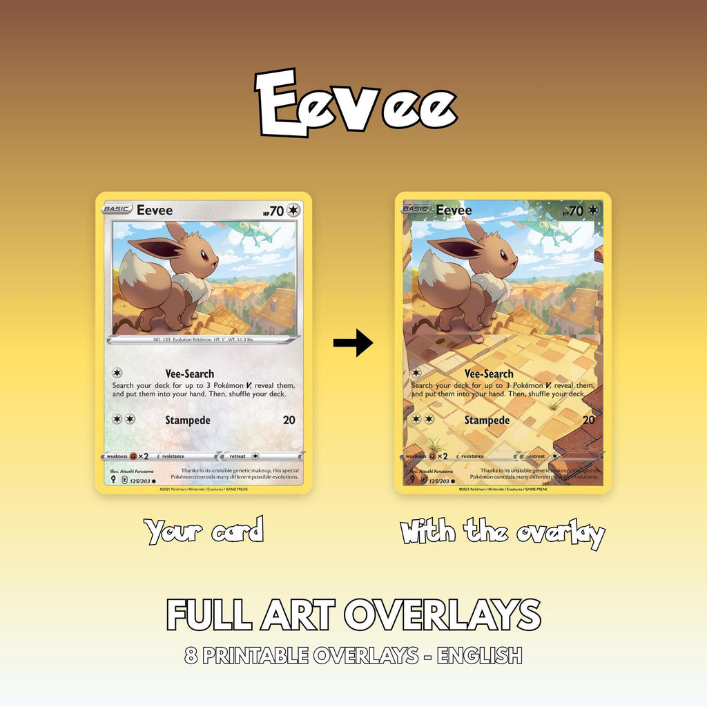 Before and after of an English Eevee card: the original half art card next to the same card with the printable full art overlay in front of it, extending the illustration across the whole card.