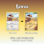 Before and after of an English Eevee card: the original half art card next to the same card with the printable full art overlay in front of it, extending the illustration across the whole card.