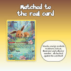 Close-up of an English Eevee full art overlay, showing the attacks, energy symbols, weakness, retreat, illustrator and collector number all matched to the real Pokémon card.
