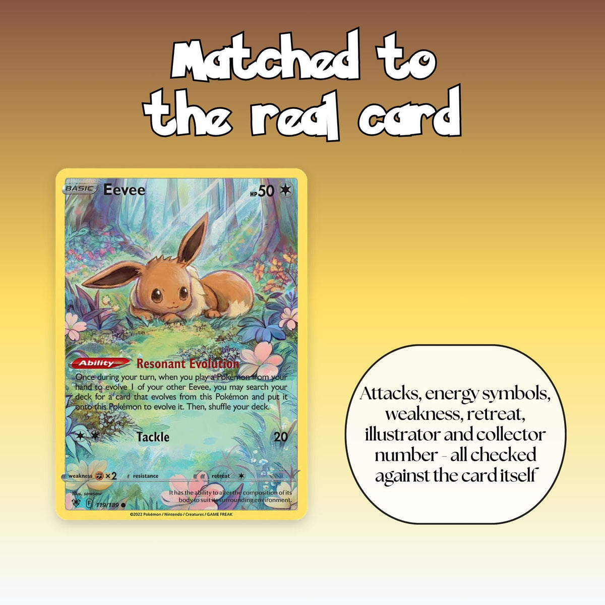 Close-up of an English Eevee full art overlay, showing the attacks, energy symbols, weakness, retreat, illustrator and collector number all matched to the real Pokémon card.