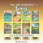Eight printable Eevee full art overlays shown together, the complete English Bundle 1 of Pokémon card overlays, with badges for digital download, instant access, A4 and US Letter size and premium quality.