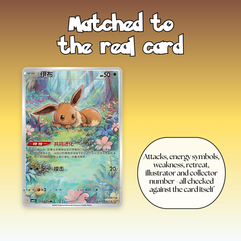 Close-up of a Chinese Eevee full art overlay, showing the attacks, energy symbols, weakness, retreat, illustrator and collector number all matched to the real Pokémon card.