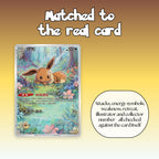 Close-up of a Chinese Eevee full art overlay, showing the attacks, energy symbols, weakness, retreat, illustrator and collector number all matched to the real Pokémon card.