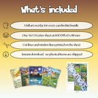 What is included with the Eevee full art overlay bundle: a full art overlay for every card in the bundle, one sheet at 600 DPI in A4 and US Letter at true size 63 x 88 mm, cut lines and window lines on the sheet, and an instant download.