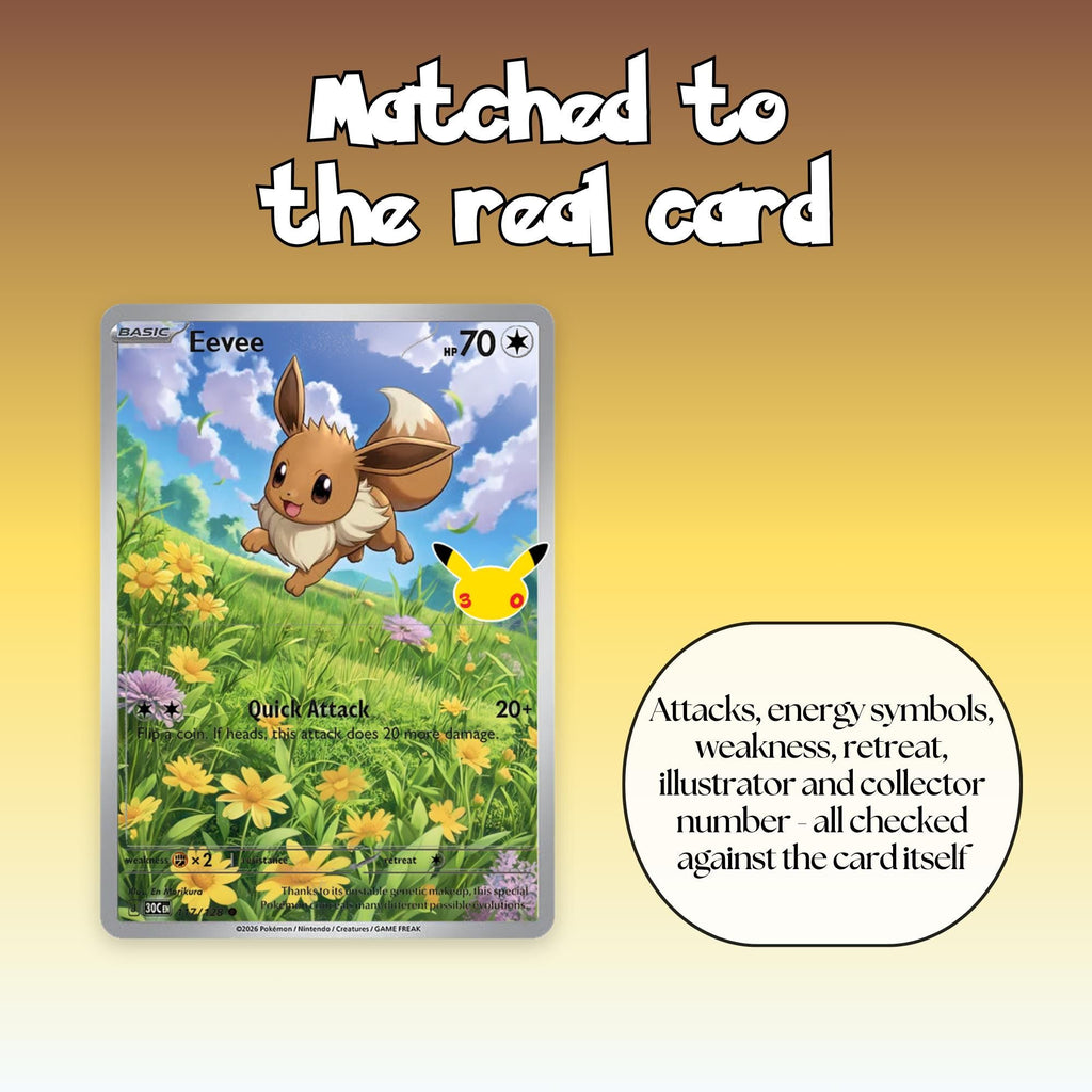 Close-up of an English Eevee full art overlay, showing the attacks, energy symbols, weakness, retreat, illustrator and collector number all matched to the real Pokémon card.