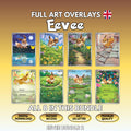 Eight printable Eevee full art overlays shown together, the complete English Bundle 2 of Pokémon card overlays including three 30th Celebration cards, with badges for digital download, instant access, A4 and US Letter size and premium quality.