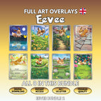 Eight printable Eevee full art overlays shown together, the complete English Bundle 2 of Pokémon card overlays including three 30th Celebration cards, with badges for digital download, instant access, A4 and US Letter size and premium quality.
