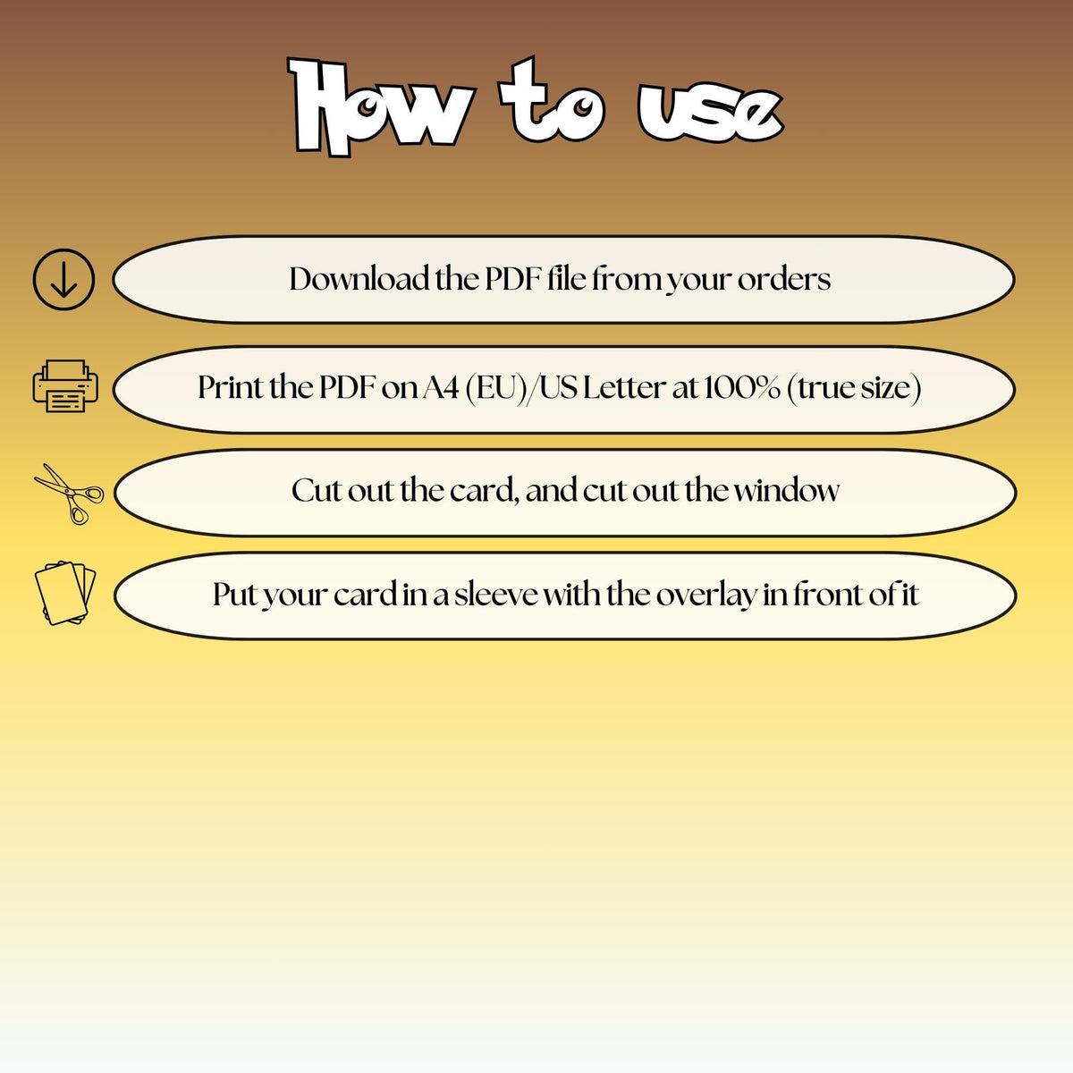 How to use the printable Pokémon card overlays: download the PDF, print on A4 or US Letter at 100 percent true size, cut out the card and the window, and sleeve your card behind the overlay.