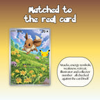Close-up of a Chinese Eevee full art overlay, showing the attacks, energy symbols, weakness, retreat, illustrator and collector number all matched to the real Pokémon card.