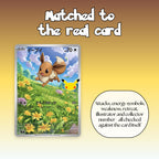 Close-up of a Japanese Eevee full art overlay, showing the attacks, energy symbols, weakness, retreat, illustrator and collector number all matched to the real Pokémon card.