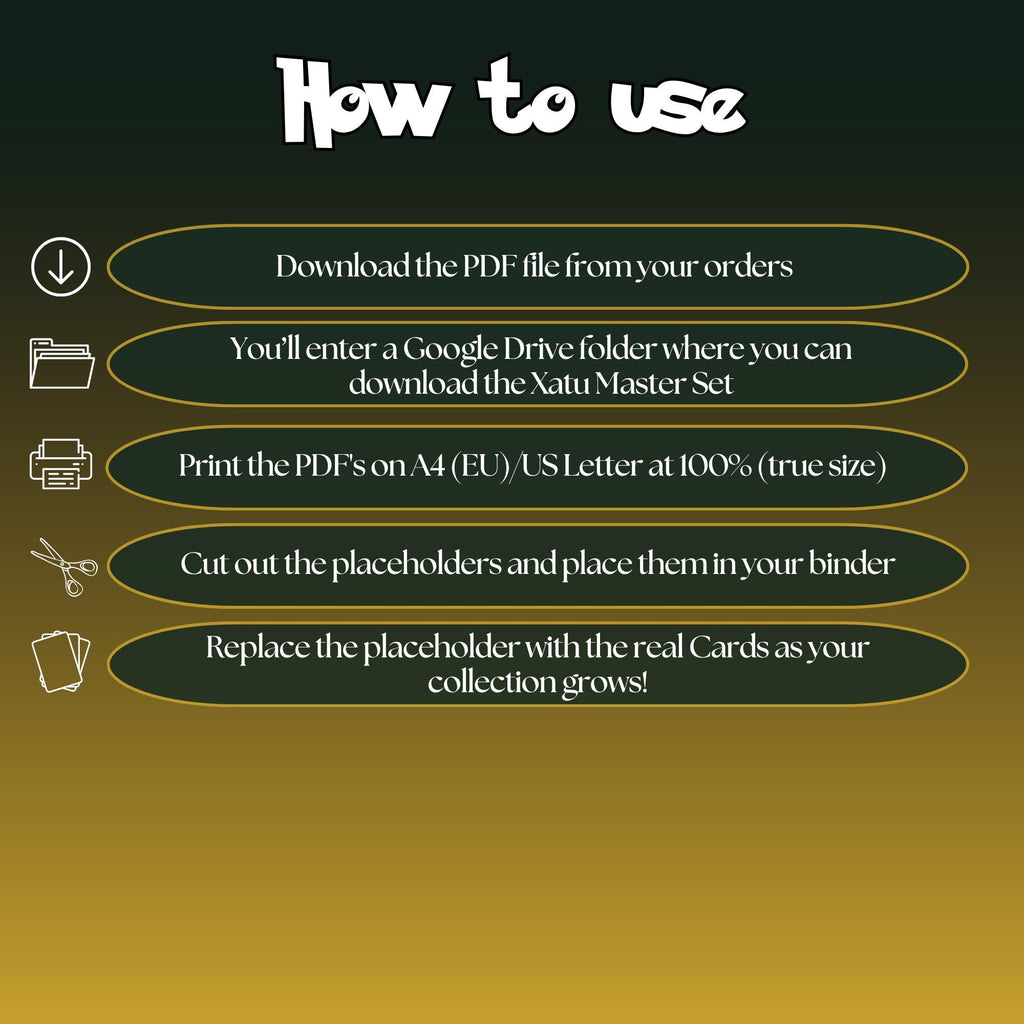 Xatu cards digital download instructions explaining how to print, cut, and place placeholders in a Pokémon binder.