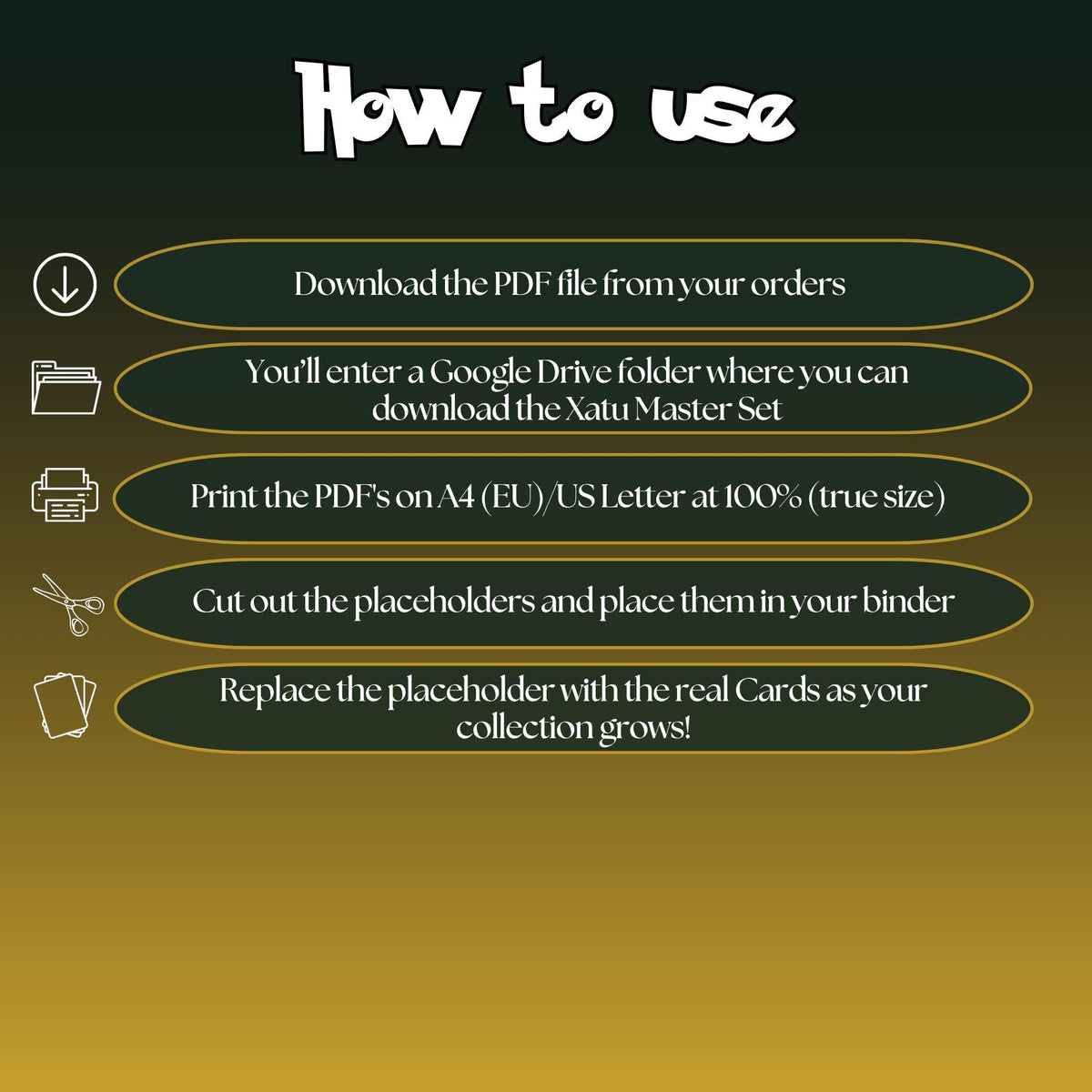 Xatu cards digital download instructions explaining how to print, cut, and place placeholders in a Pokémon binder.