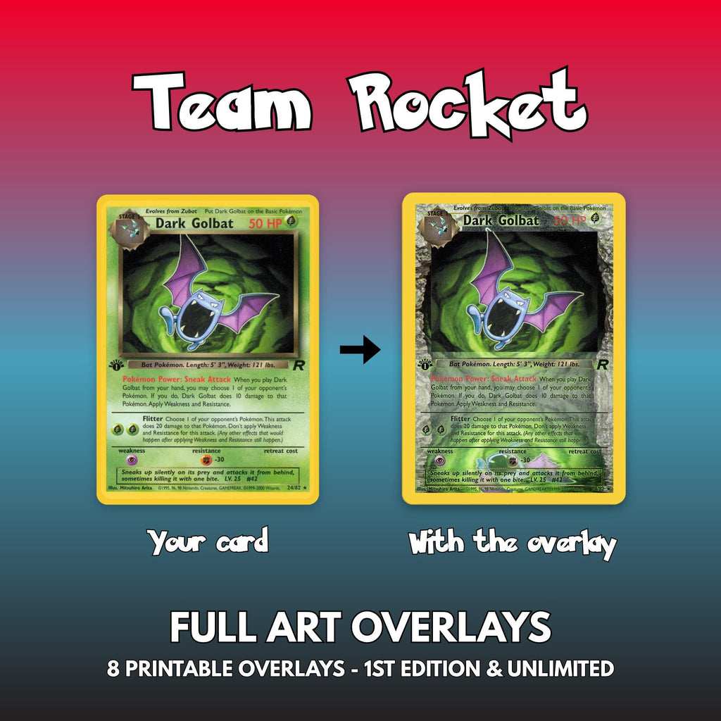 Before and after of a Dark Golbat card: the original Team Rocket card next to the same card with the printable full art overlay in front of it, the artwork now breaking out of the gold frame across the whole card.