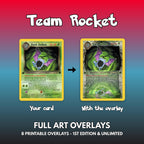Before and after of a Dark Golbat card: the original Team Rocket card next to the same card with the printable full art overlay in front of it, the artwork now breaking out of the gold frame across the whole card.