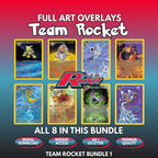 Eight printable Team Rocket full art overlays shown together, the complete Bundle 1 of Pokémon card overlays with the Team Rocket logo in the centre, and badges for digital download, instant access, A4 and US Letter size and premium quality.