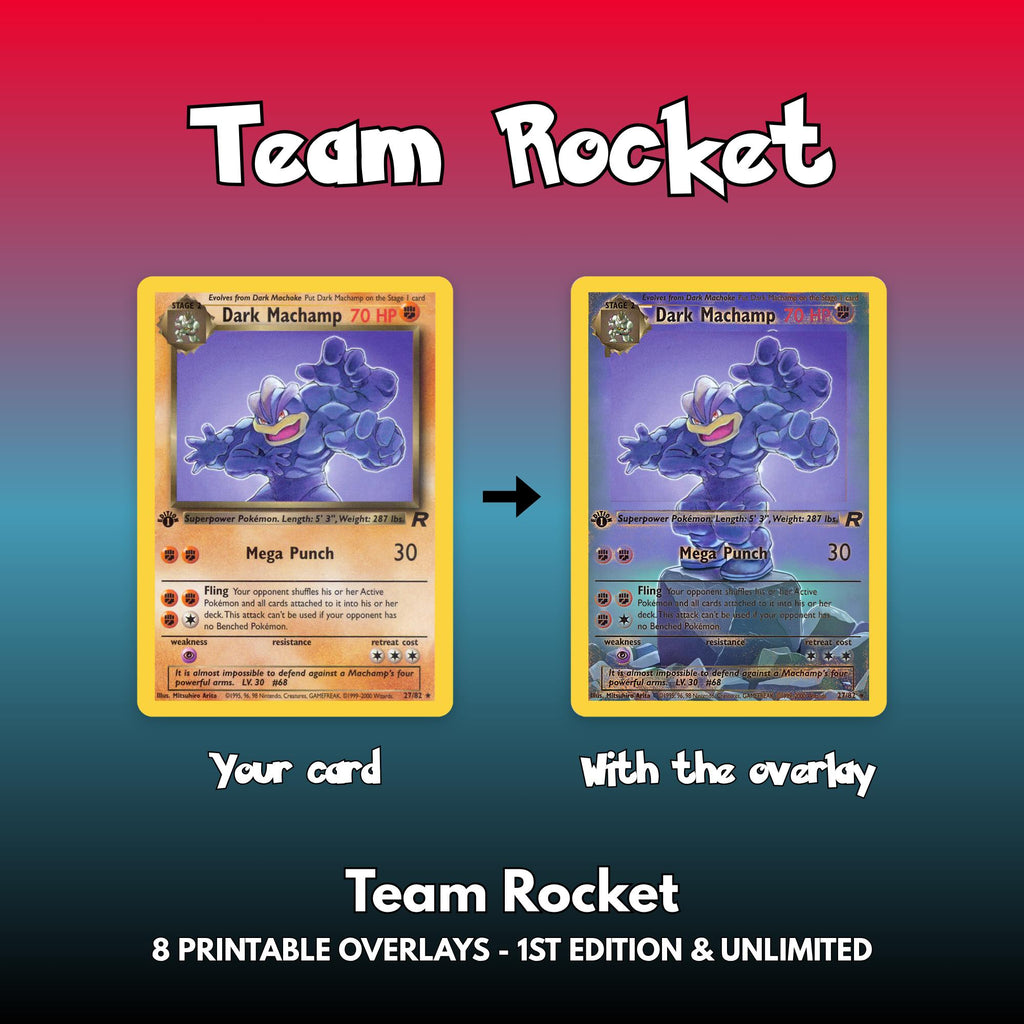 Before and after of a Dark Machamp card: the original Team Rocket card next to the same card with the printable full art overlay in front of it, the artwork now breaking out of the gold frame across the whole card.