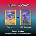 Before and after of a Dark Machamp card: the original Team Rocket card next to the same card with the printable full art overlay in front of it, the artwork now breaking out of the gold frame across the whole card.
