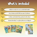 What is included with the Eevee full art overlay bundle: one sheet at 600 DPI with cut lines and window lines, a full art overlay for every card in the bundle, and an instant digital download with no physical items shipped.