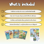 What is included with the Chinese Eevee full art overlay bundle: a full art overlay for every card in the bundle, one sheet at 600 DPI in A4 and US Letter at true size 63 x 88 mm, cut lines and window lines on the sheet, and an instant download.