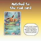 Close-up of a Japanese Eevee full art overlay, showing the attacks, energy symbols, weakness, retreat, illustrator and collector number all matched to the real Pokémon card.