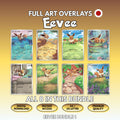 Eight printable Eevee full art overlays shown together, the complete Japanese Bundle 1 of Pokémon card overlays, with badges for digital download, instant access, A4 and US Letter size and premium quality.