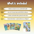 What is included with the Japanese Eevee full art overlay bundle: a full art overlay for every card in the bundle, one sheet at 600 DPI in A4 and US Letter at true size 63 x 88 mm, cut lines and window lines on the sheet, and an instant download.